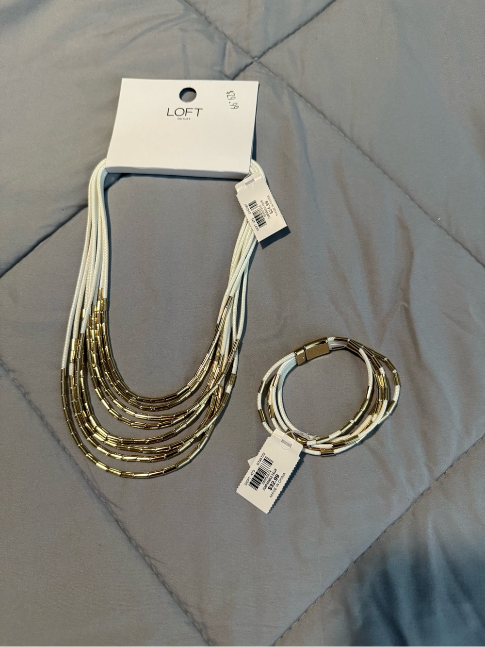 LOFT White and Gold Layered Multi-Strand Necklace with Matching Bracelet